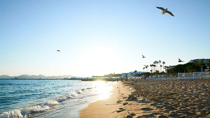 Solnedgng ver havet och stranden i Cannes, p den franska Rivieran.